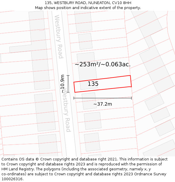 135, WESTBURY ROAD, NUNEATON, CV10 8HH: Plot and title map
