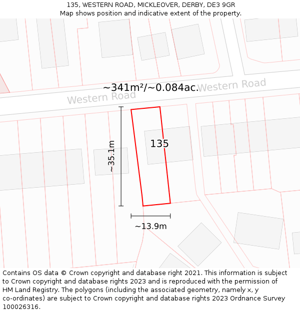 135, WESTERN ROAD, MICKLEOVER, DERBY, DE3 9GR: Plot and title map