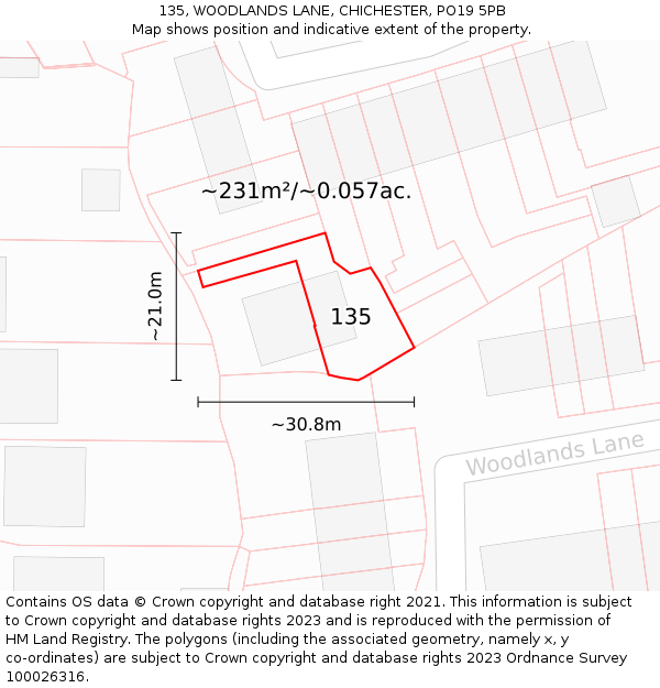 135, WOODLANDS LANE, CHICHESTER, PO19 5PB: Plot and title map