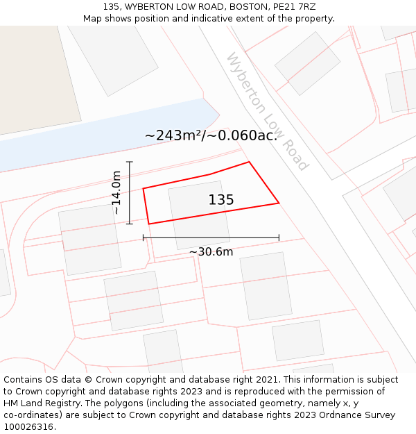 135, WYBERTON LOW ROAD, BOSTON, PE21 7RZ: Plot and title map