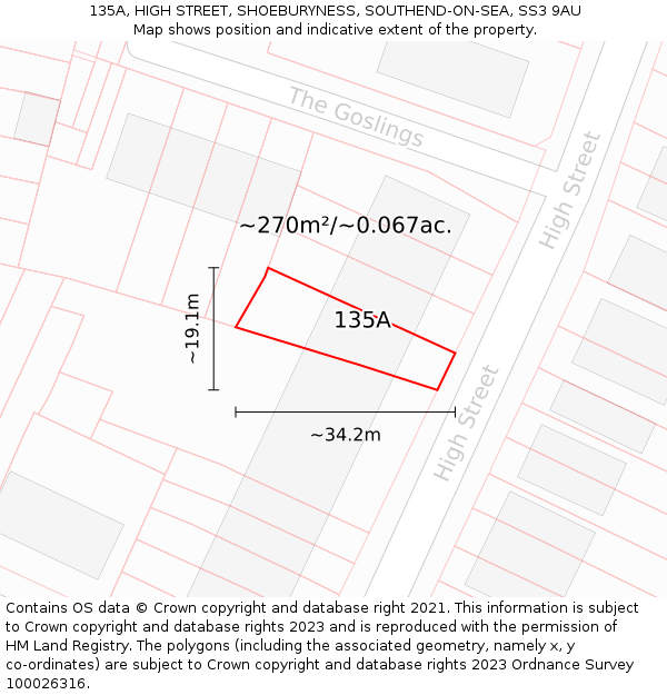 135A, HIGH STREET, SHOEBURYNESS, SOUTHEND-ON-SEA, SS3 9AU: Plot and title map