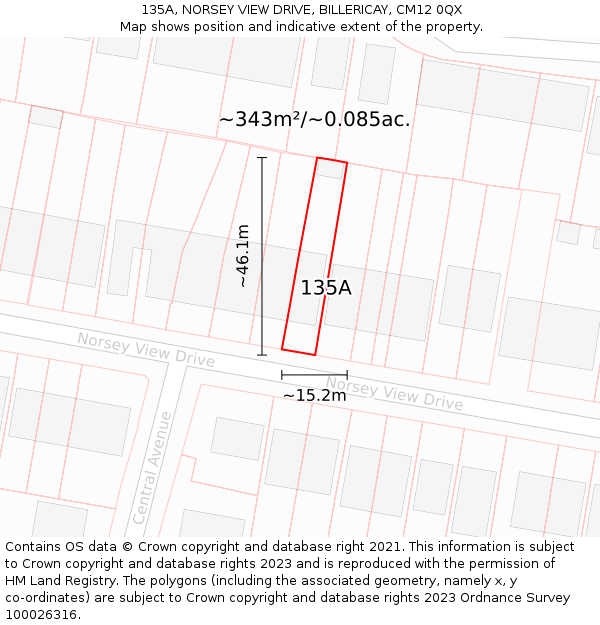 135A, NORSEY VIEW DRIVE, BILLERICAY, CM12 0QX: Plot and title map