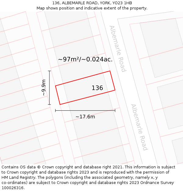 136, ALBEMARLE ROAD, YORK, YO23 1HB: Plot and title map