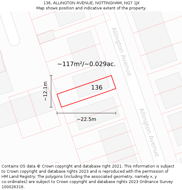 136, ALLINGTON AVENUE, NOTTINGHAM, NG7 1JX: Plot and title map