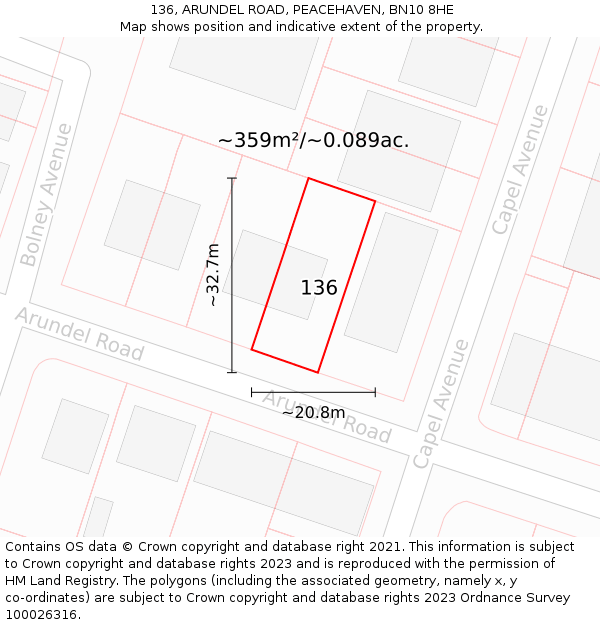 136, ARUNDEL ROAD, PEACEHAVEN, BN10 8HE: Plot and title map