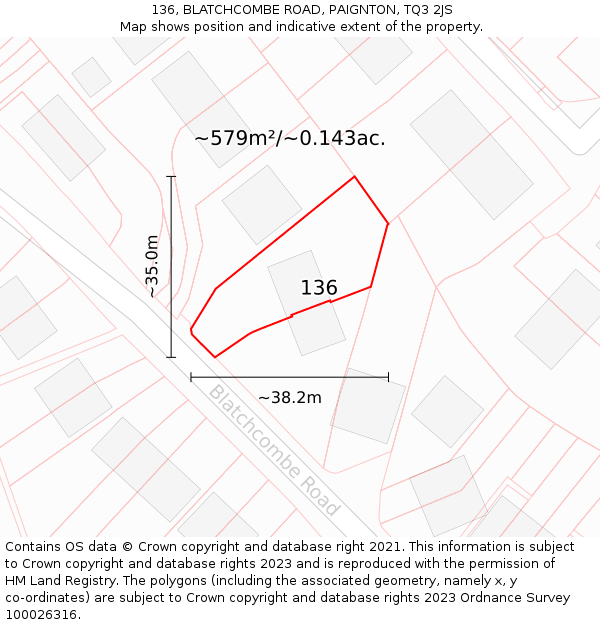 136, BLATCHCOMBE ROAD, PAIGNTON, TQ3 2JS: Plot and title map