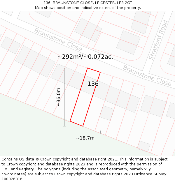 136, BRAUNSTONE CLOSE, LEICESTER, LE3 2GT: Plot and title map