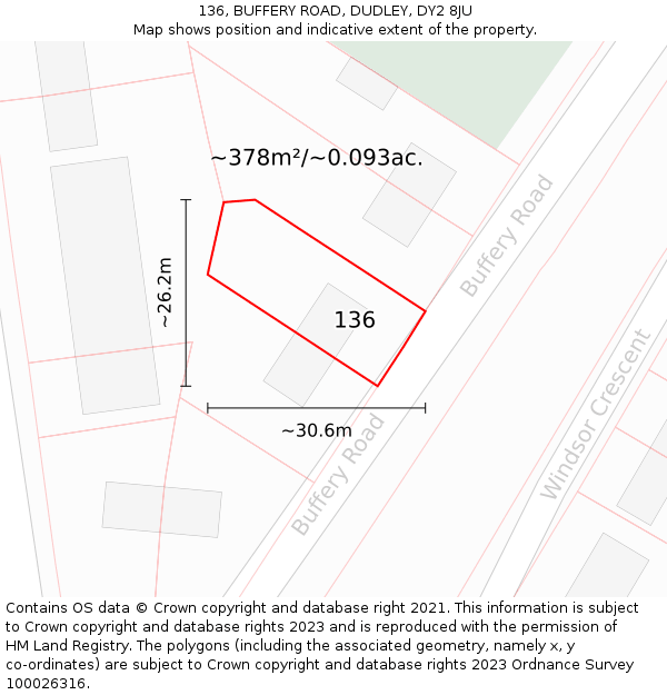 136, BUFFERY ROAD, DUDLEY, DY2 8JU: Plot and title map