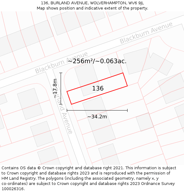 136, BURLAND AVENUE, WOLVERHAMPTON, WV6 9JL: Plot and title map