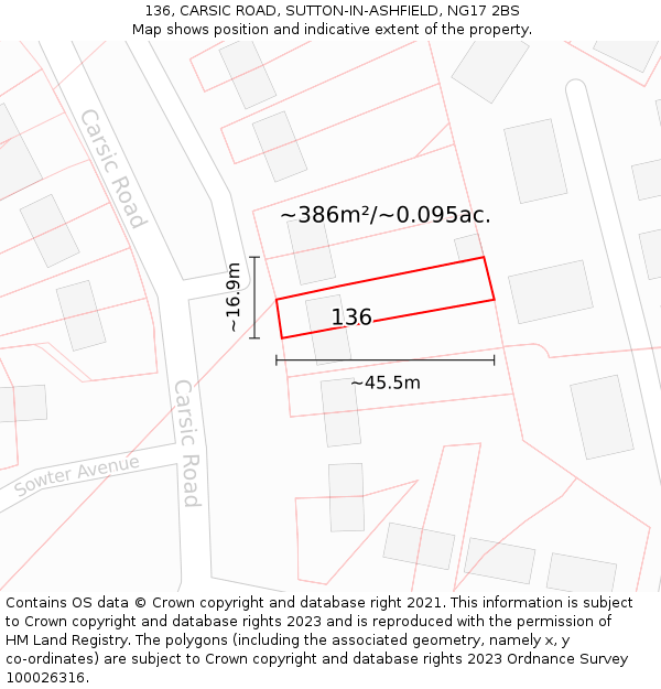 136, CARSIC ROAD, SUTTON-IN-ASHFIELD, NG17 2BS: Plot and title map