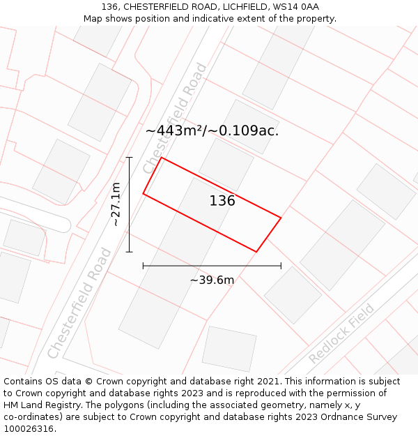 136, CHESTERFIELD ROAD, LICHFIELD, WS14 0AA: Plot and title map