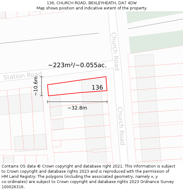 136, CHURCH ROAD, BEXLEYHEATH, DA7 4DW: Plot and title map