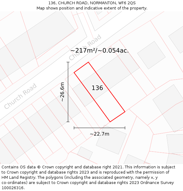 136, CHURCH ROAD, NORMANTON, WF6 2QS: Plot and title map