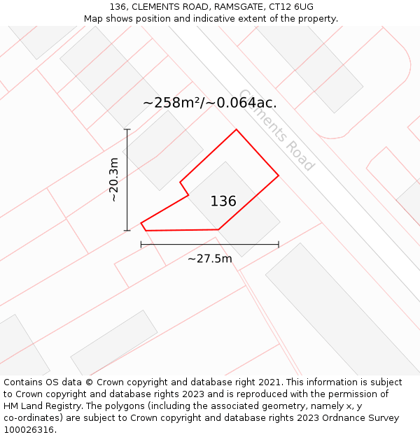 136, CLEMENTS ROAD, RAMSGATE, CT12 6UG: Plot and title map