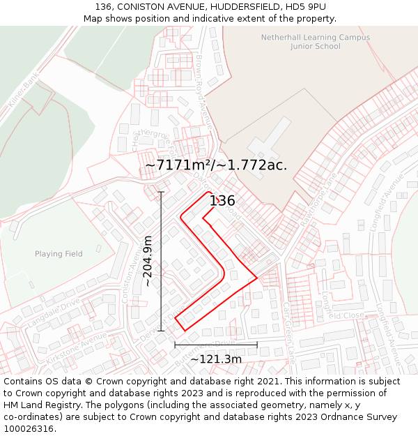 136, CONISTON AVENUE, HUDDERSFIELD, HD5 9PU: Plot and title map
