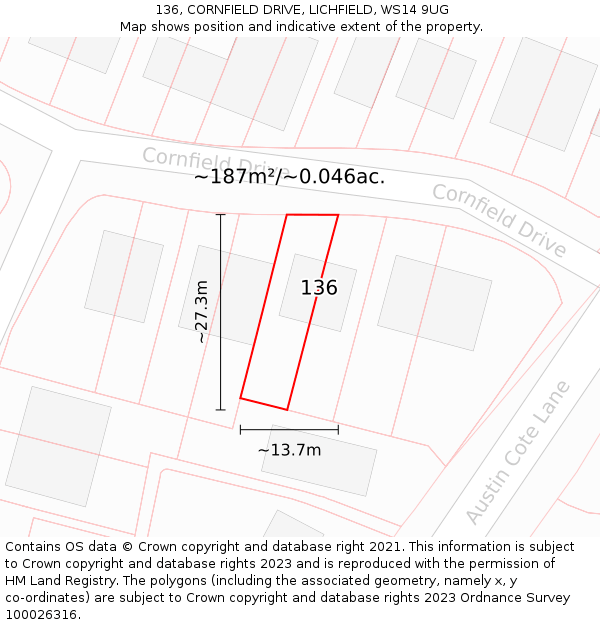 136, CORNFIELD DRIVE, LICHFIELD, WS14 9UG: Plot and title map