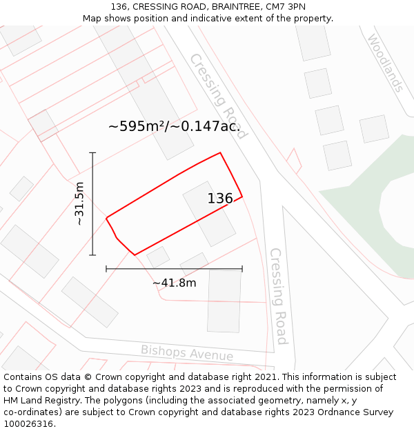 136, CRESSING ROAD, BRAINTREE, CM7 3PN: Plot and title map