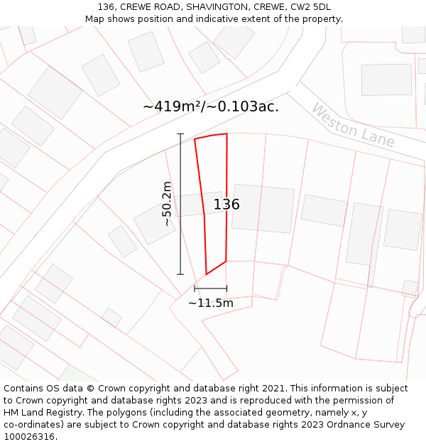 136, CREWE ROAD, SHAVINGTON, CREWE, CW2 5DL: Plot and title map