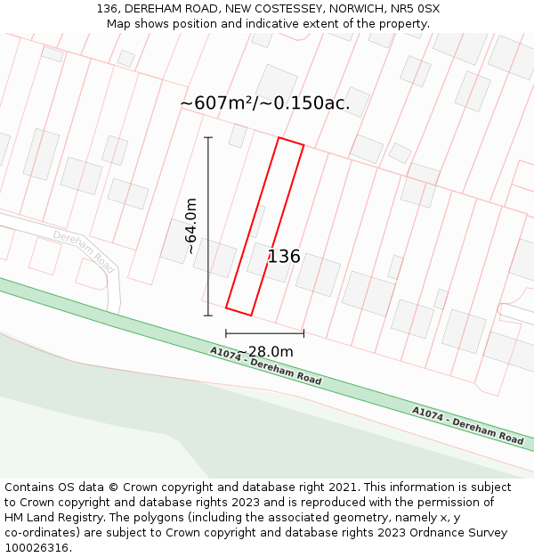 136, DEREHAM ROAD, NEW COSTESSEY, NORWICH, NR5 0SX: Plot and title map