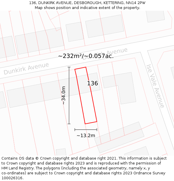 136, DUNKIRK AVENUE, DESBOROUGH, KETTERING, NN14 2PW: Plot and title map