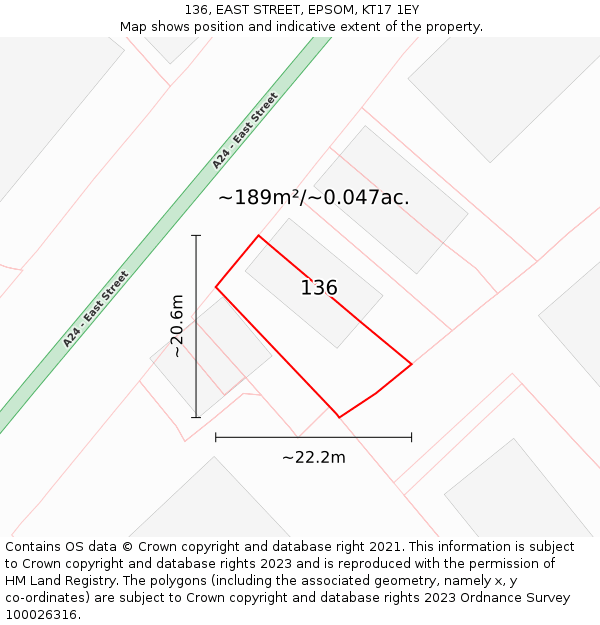 136, EAST STREET, EPSOM, KT17 1EY: Plot and title map
