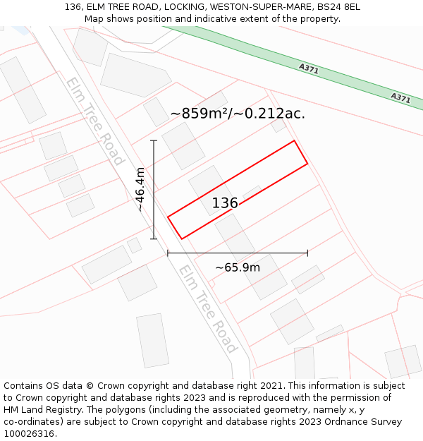 136, ELM TREE ROAD, LOCKING, WESTON-SUPER-MARE, BS24 8EL: Plot and title map