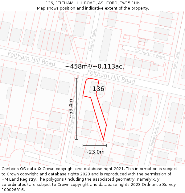 136, FELTHAM HILL ROAD, ASHFORD, TW15 1HN: Plot and title map