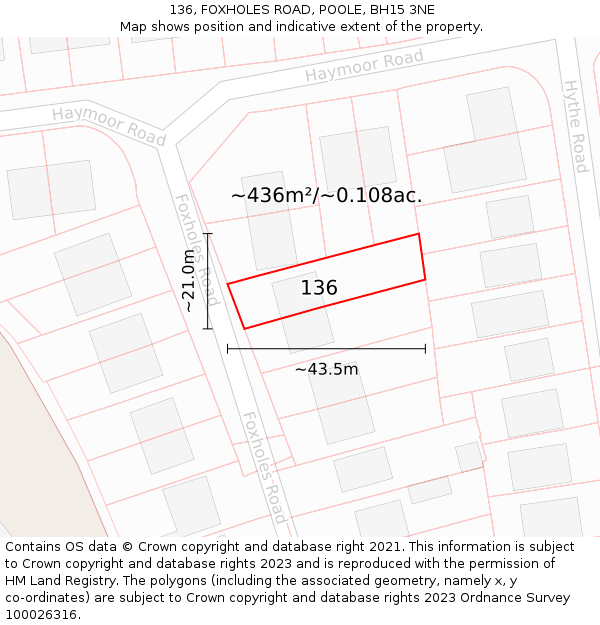 136, FOXHOLES ROAD, POOLE, BH15 3NE: Plot and title map