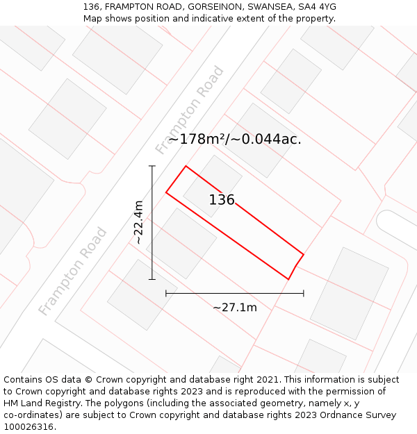 136, FRAMPTON ROAD, GORSEINON, SWANSEA, SA4 4YG: Plot and title map