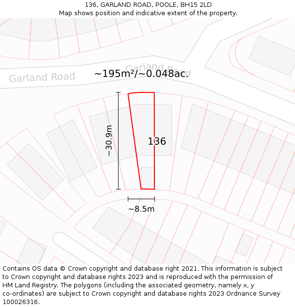 136, GARLAND ROAD, POOLE, BH15 2LD: Plot and title map