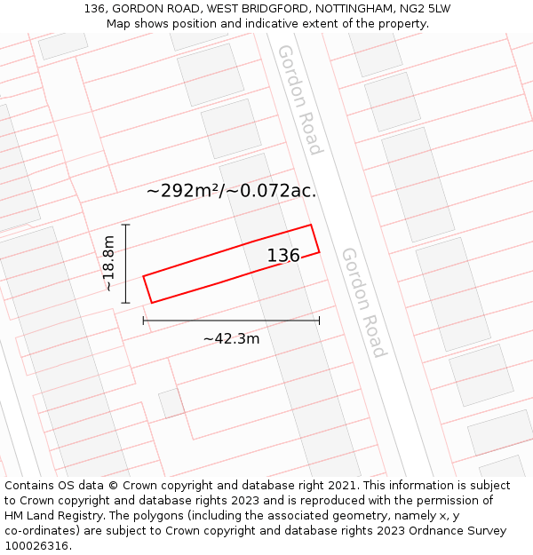 136, GORDON ROAD, WEST BRIDGFORD, NOTTINGHAM, NG2 5LW: Plot and title map