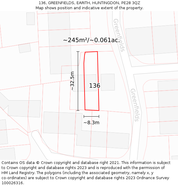 136, GREENFIELDS, EARITH, HUNTINGDON, PE28 3QZ: Plot and title map