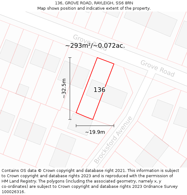 136, GROVE ROAD, RAYLEIGH, SS6 8RN: Plot and title map