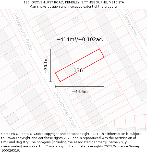 136, GROVEHURST ROAD, KEMSLEY, SITTINGBOURNE, ME10 2TA: Plot and title map