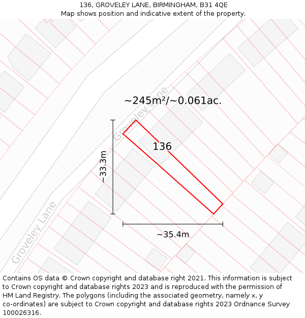 136, GROVELEY LANE, BIRMINGHAM, B31 4QE: Plot and title map