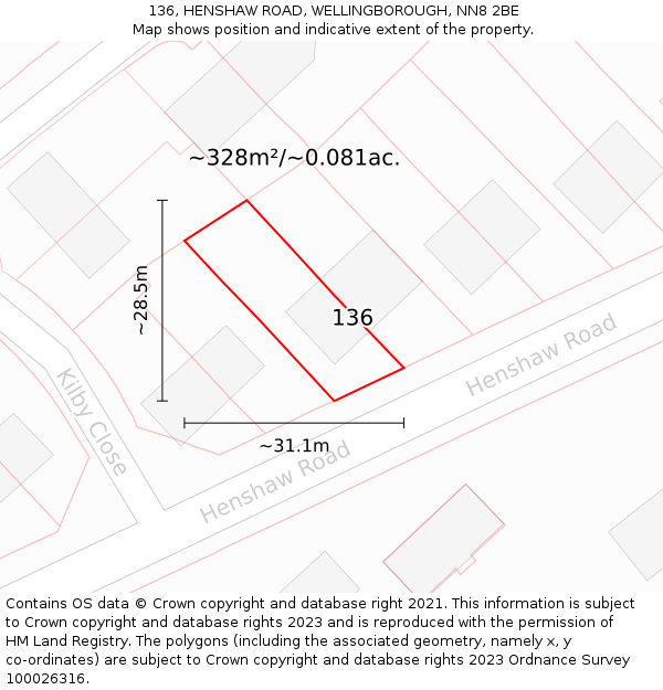 136, HENSHAW ROAD, WELLINGBOROUGH, NN8 2BE: Plot and title map