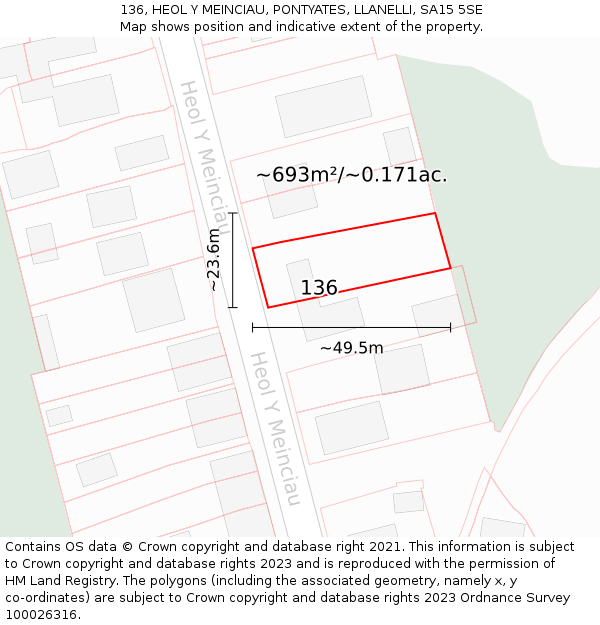 136, HEOL Y MEINCIAU, PONTYATES, LLANELLI, SA15 5SE: Plot and title map