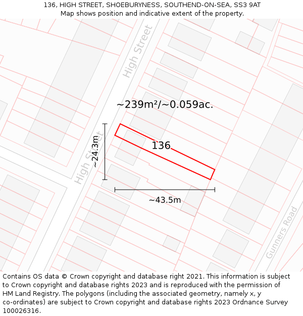 136, HIGH STREET, SHOEBURYNESS, SOUTHEND-ON-SEA, SS3 9AT: Plot and title map