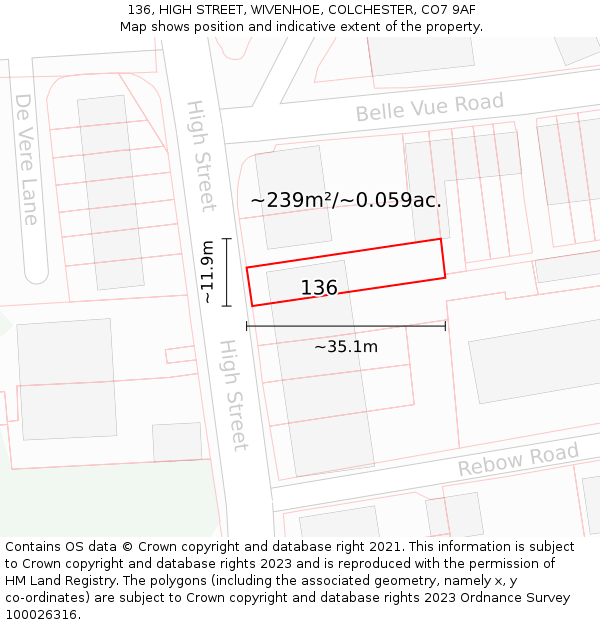 136, HIGH STREET, WIVENHOE, COLCHESTER, CO7 9AF: Plot and title map