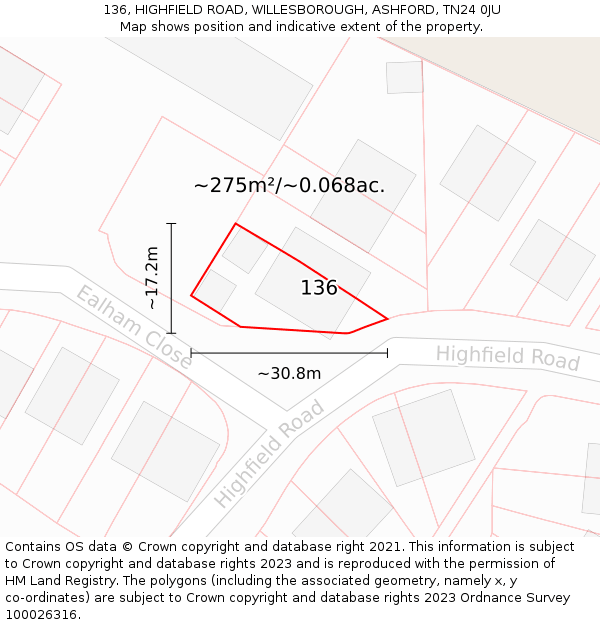 136, HIGHFIELD ROAD, WILLESBOROUGH, ASHFORD, TN24 0JU: Plot and title map