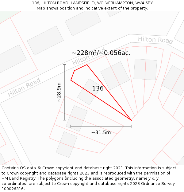 136, HILTON ROAD, LANESFIELD, WOLVERHAMPTON, WV4 6BY: Plot and title map