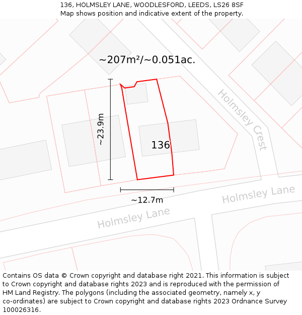 136, HOLMSLEY LANE, WOODLESFORD, LEEDS, LS26 8SF: Plot and title map