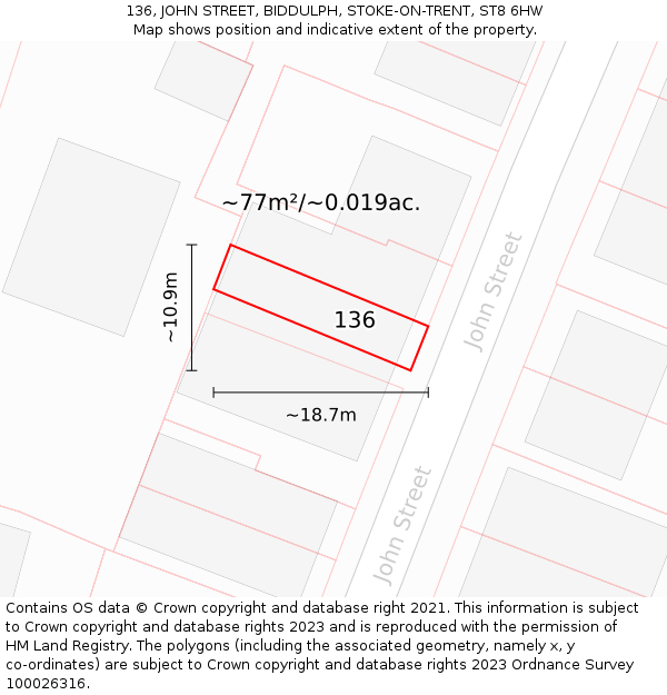 136, JOHN STREET, BIDDULPH, STOKE-ON-TRENT, ST8 6HW: Plot and title map