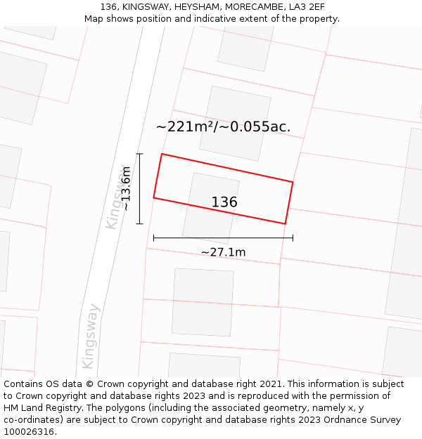 136, KINGSWAY, HEYSHAM, MORECAMBE, LA3 2EF: Plot and title map