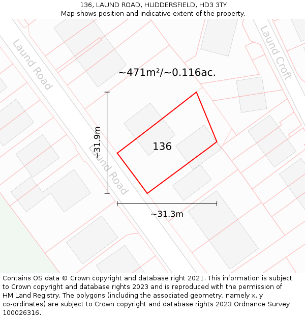 136, LAUND ROAD, HUDDERSFIELD, HD3 3TY: Plot and title map