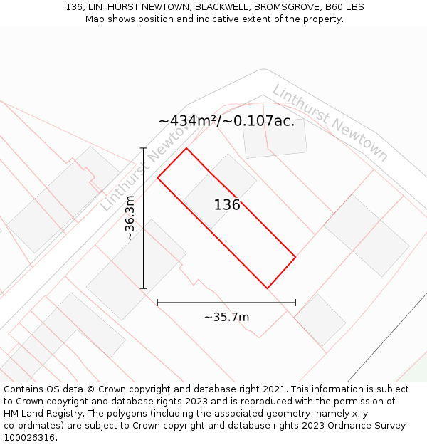 136, LINTHURST NEWTOWN, BLACKWELL, BROMSGROVE, B60 1BS: Plot and title map