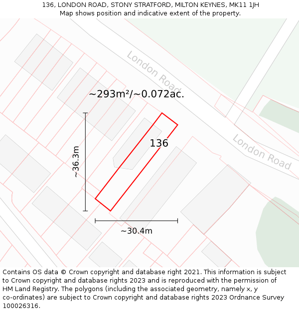 136, LONDON ROAD, STONY STRATFORD, MILTON KEYNES, MK11 1JH: Plot and title map