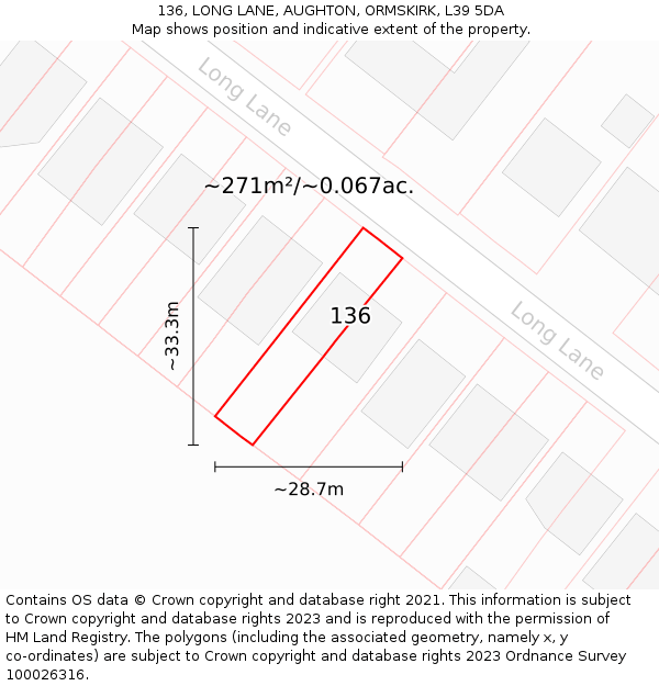 136, LONG LANE, AUGHTON, ORMSKIRK, L39 5DA: Plot and title map