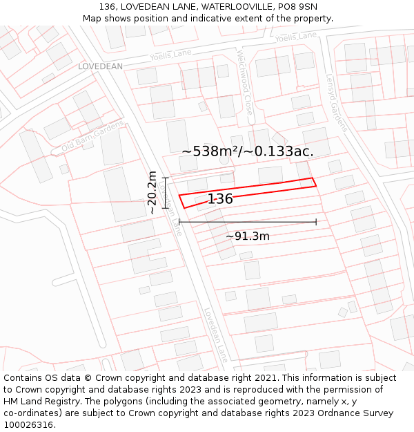 136, LOVEDEAN LANE, WATERLOOVILLE, PO8 9SN: Plot and title map