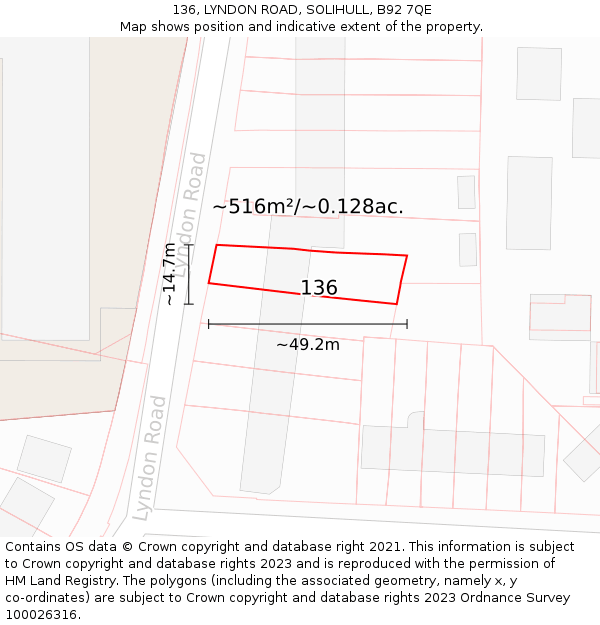 136, LYNDON ROAD, SOLIHULL, B92 7QE: Plot and title map